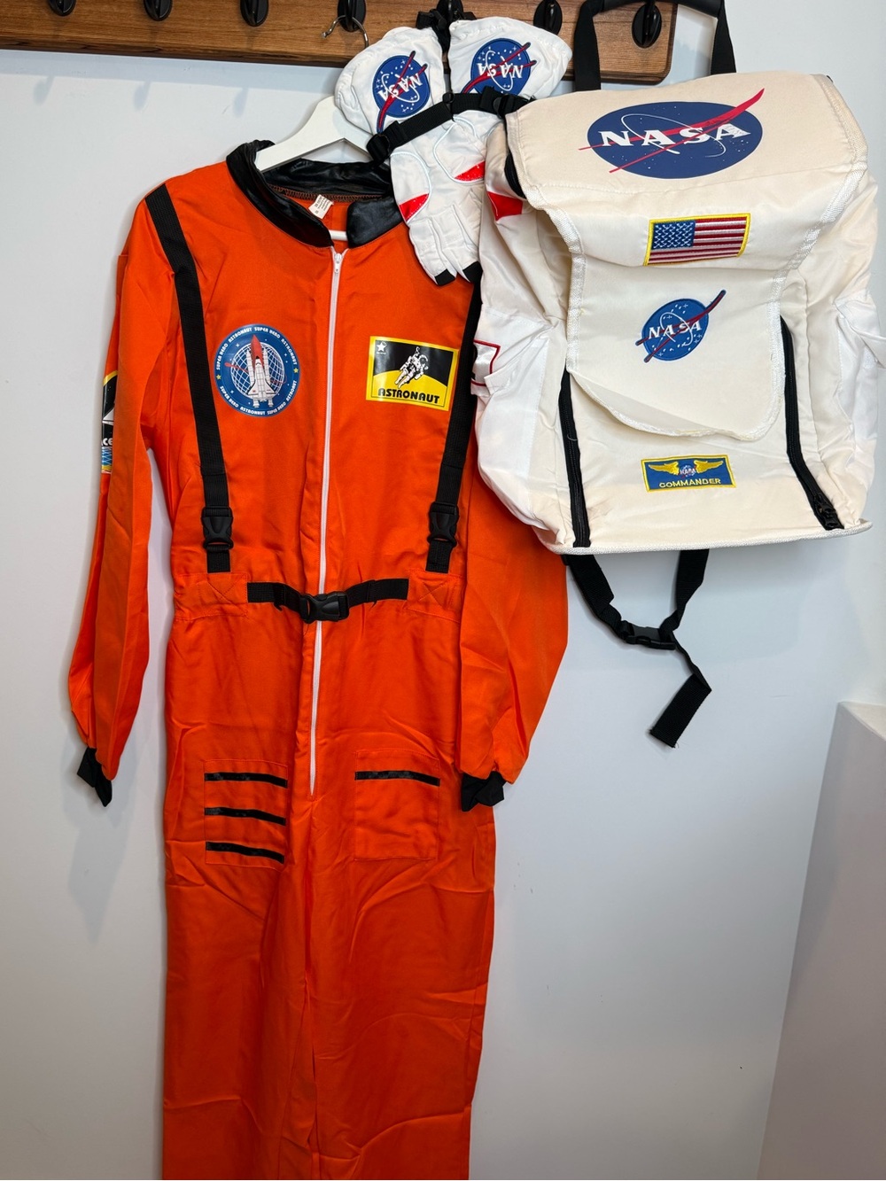 NASA Orange Astronaut Costume Jumpsuit with White NASA Backpack and Gloves